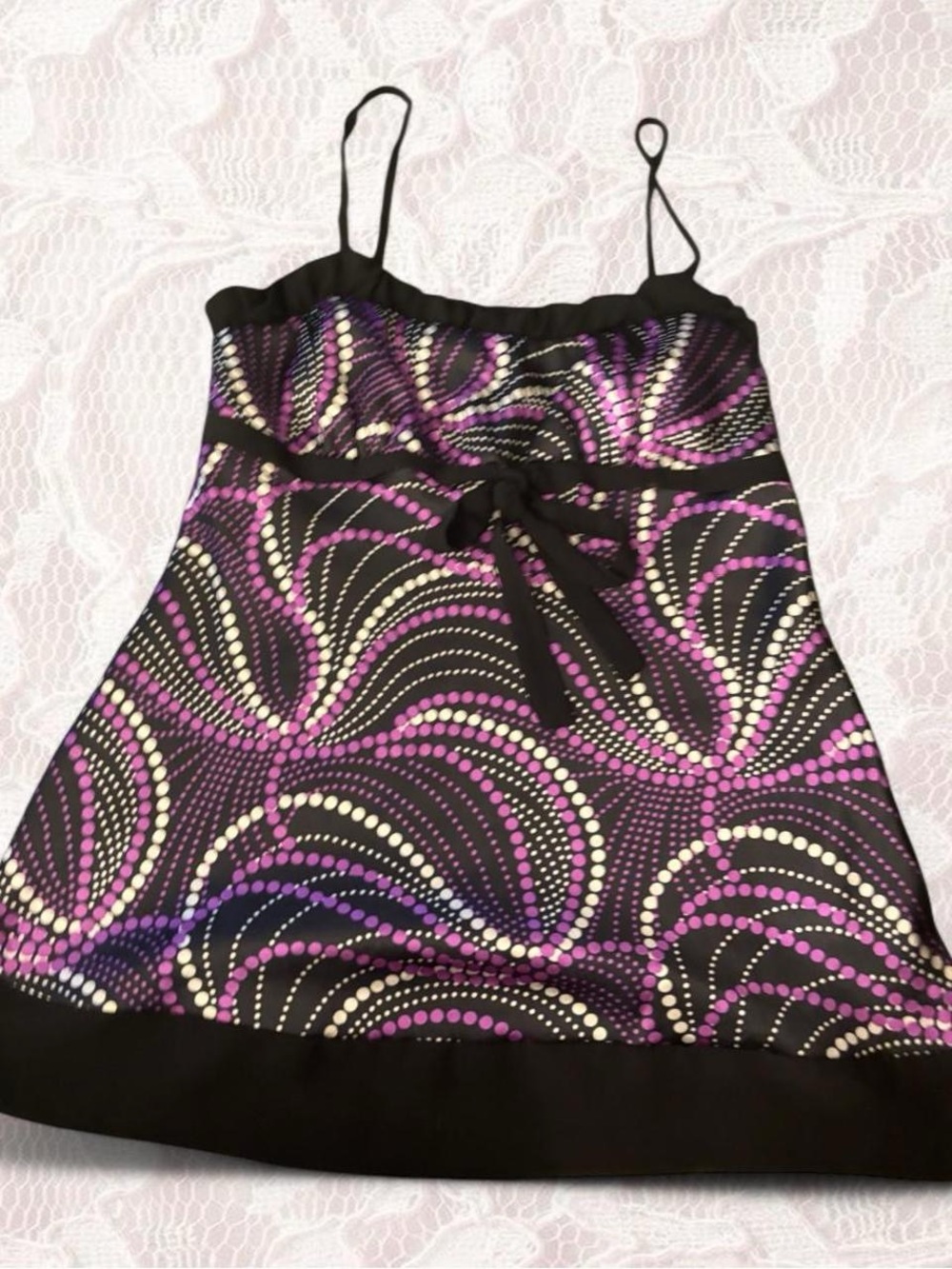 Tempted Black Spaghetti-Strap Tank with Purple & Cream Dot Swirl